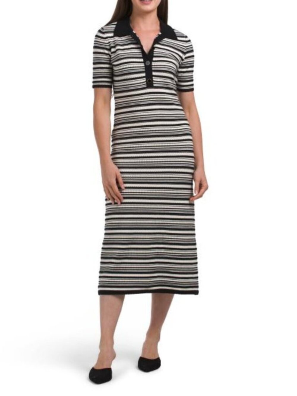 ELIE TAHARI Short Sleeve Collar Half Button Down Striped Pointelle Midi Dress